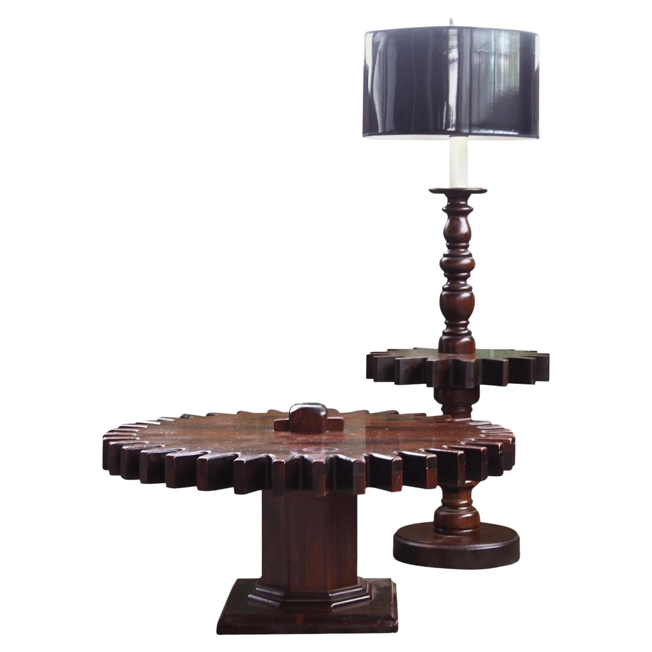 1970s MCM Cog Wheel Spinning Gear Sprocket Table and Lamp Set For Sale