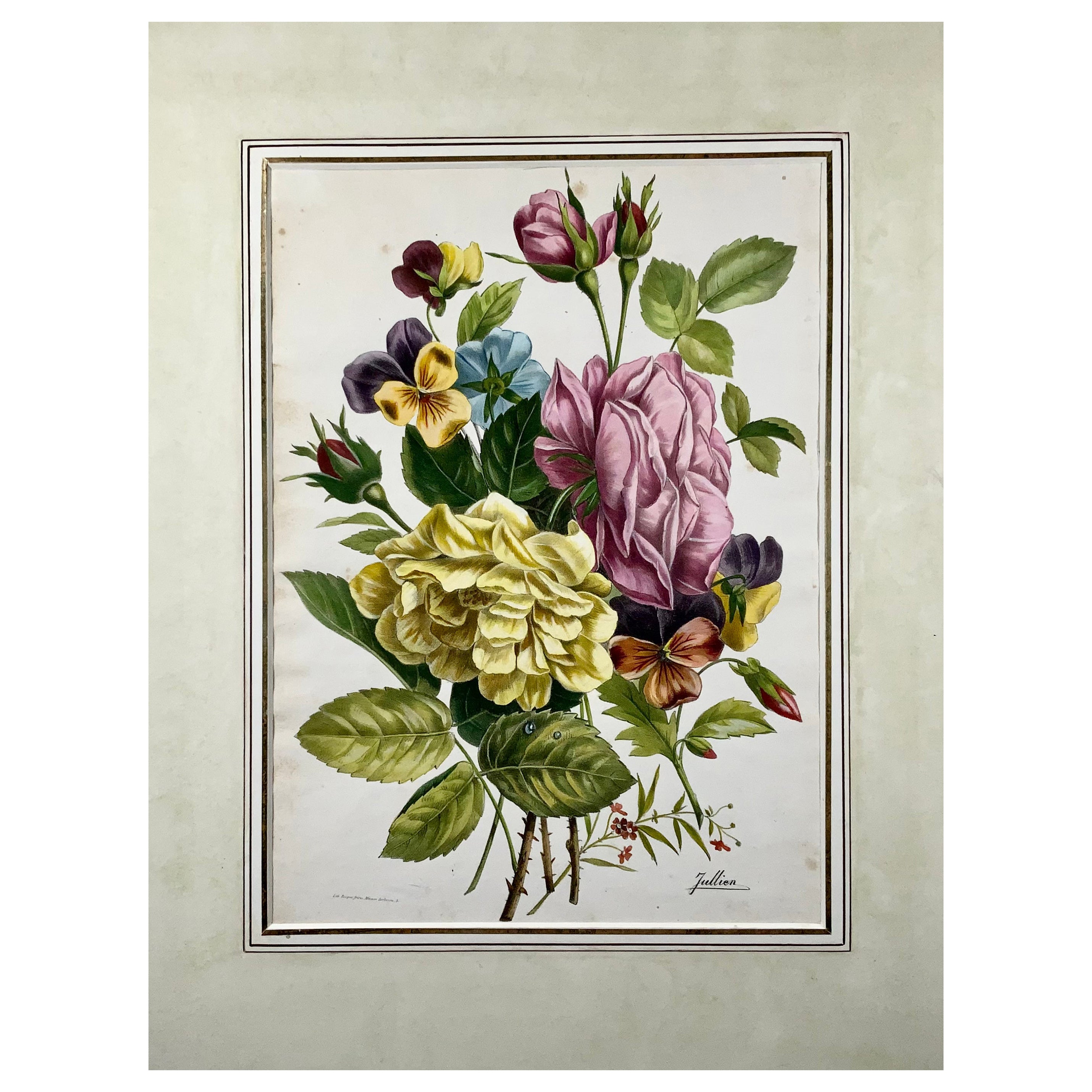 Roses & Pansies, Jullien, Bequet, large stone lithograph hand coloured For Sale