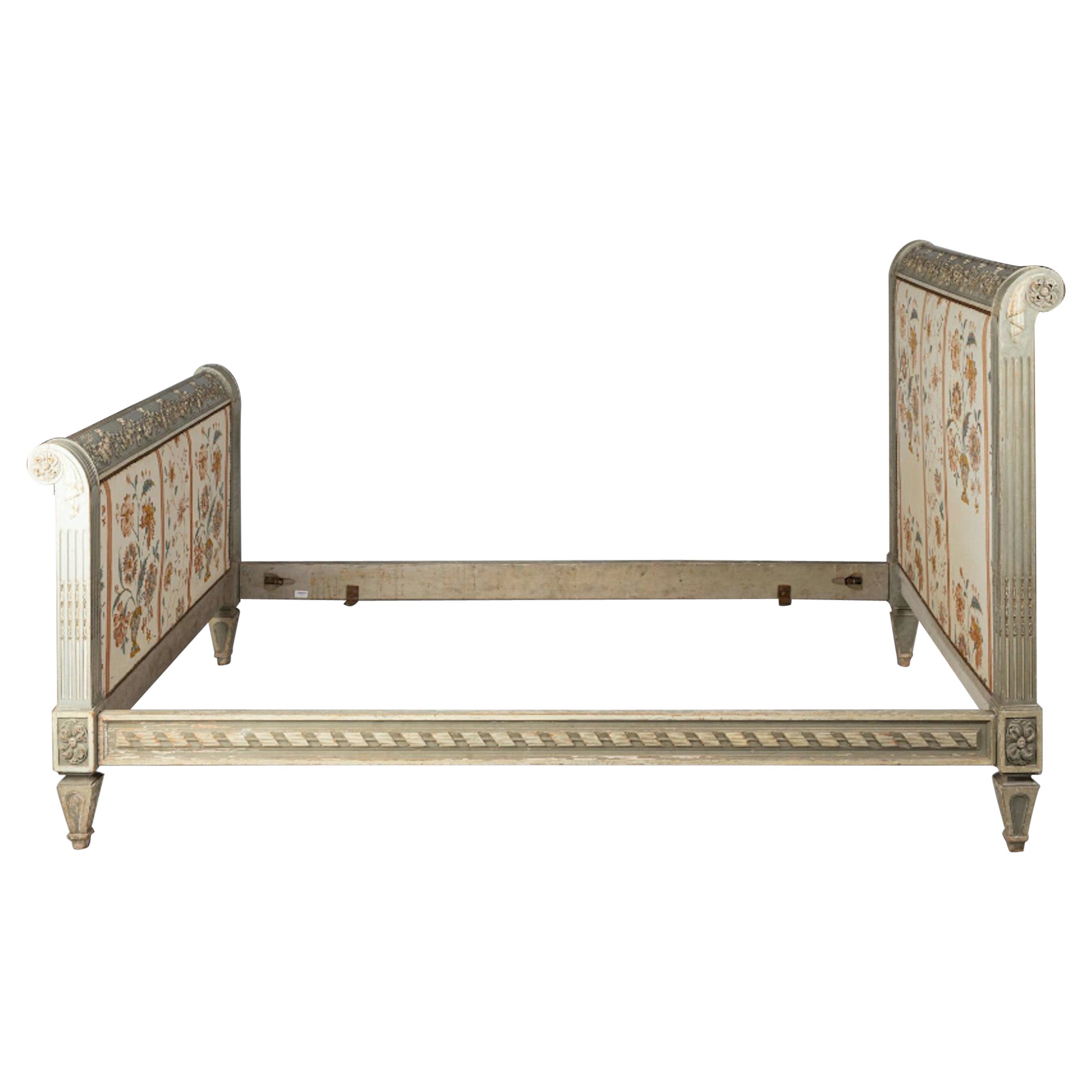 19th Century French Hand Carved and Painted Wooden Bed Frame Louis XV Period For Sale