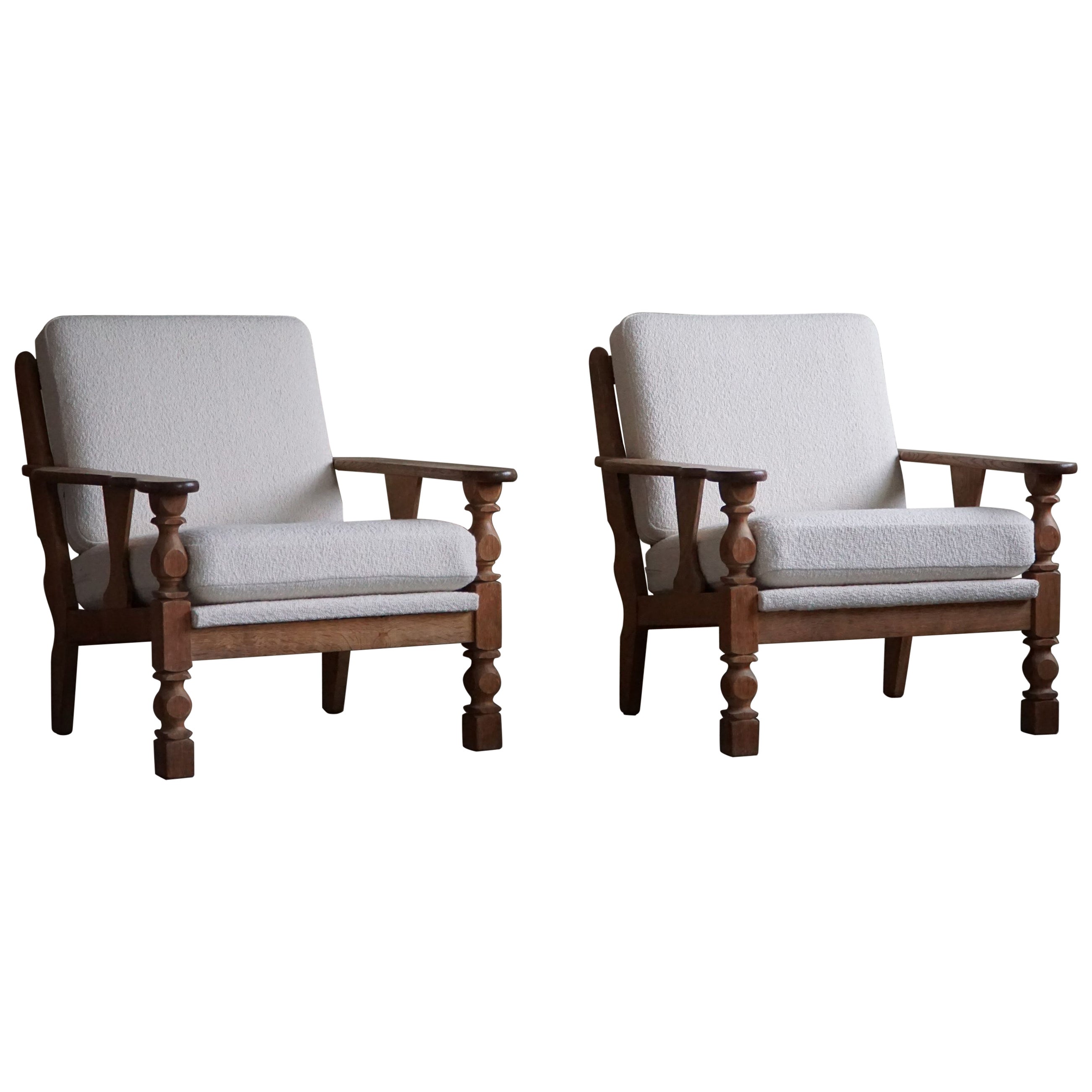 Pair of Danish Modern Lounge Chairs in Oak & Bouclé, Henning Kjærnulf, 1960s