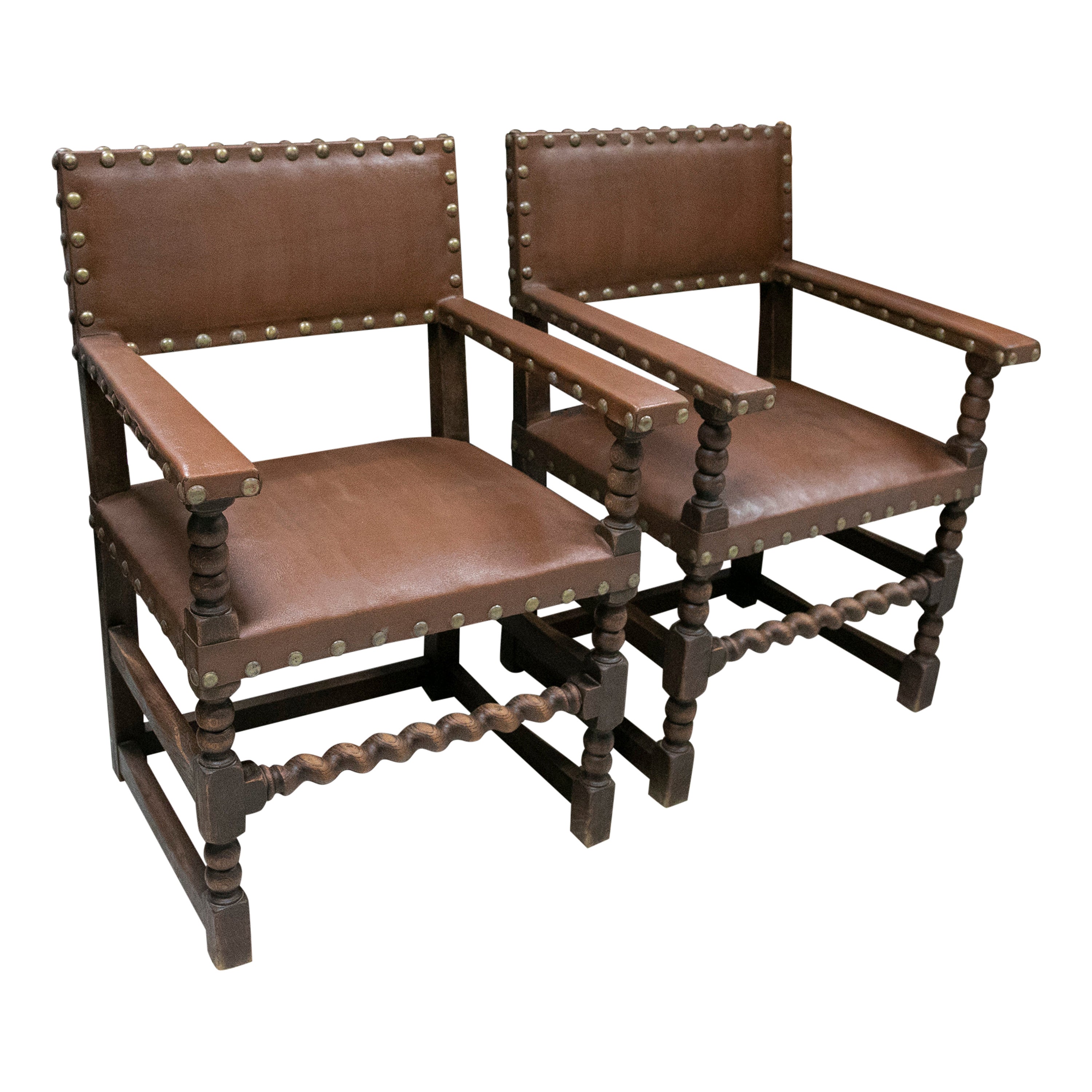 Pair of Wooden Armchairs with Studded Leather Seat and Backrest For Sale