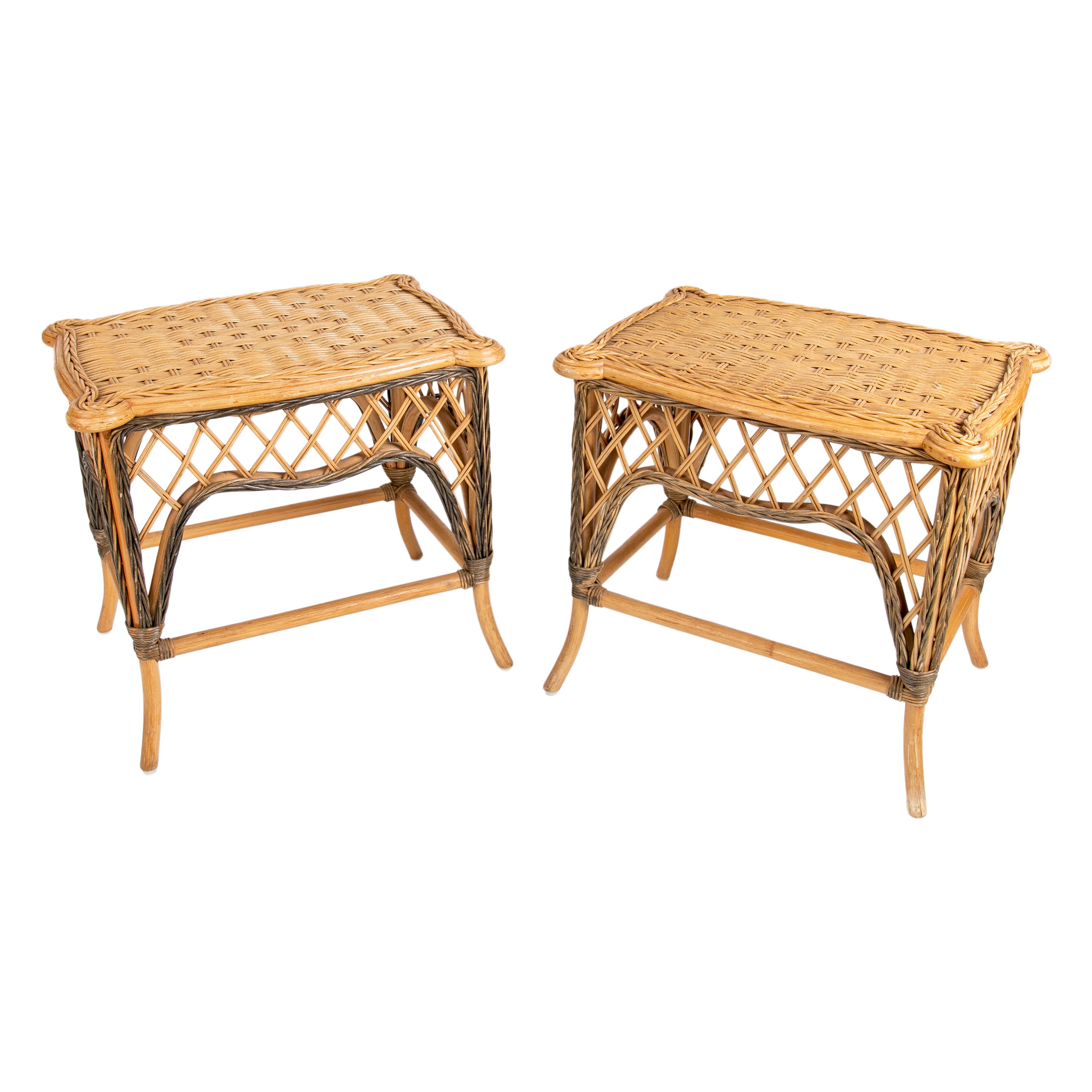 1970s Spanish Pair of Handmade Wicker Side Tables