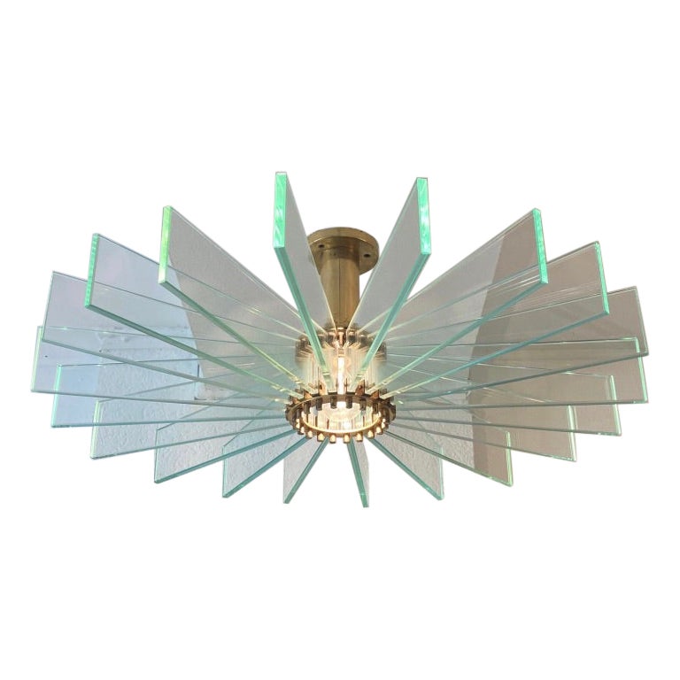 Vintage Glass & Brass Sunburst Flush Mount Ceiling Lamp 1950s For Sale
