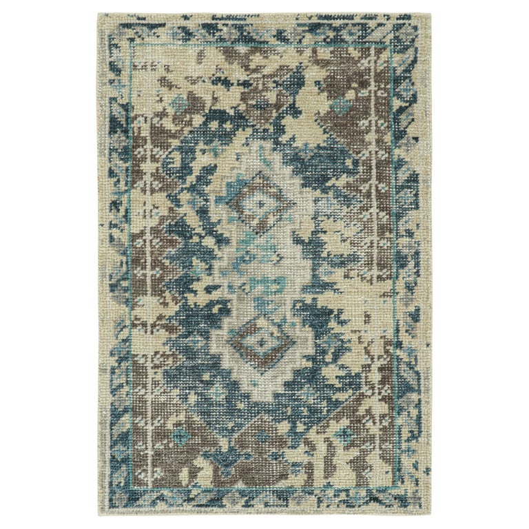 Rug and Kilim’s Distressed Style Rug in Blue, Brown, Greige, Gold ...