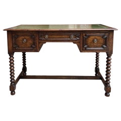 Antique English Writing Desk Table Jacobean Carved Oak Green Leather Bobbin Leg