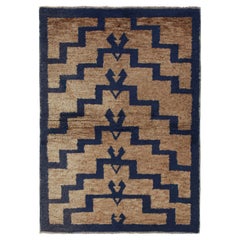 Vintage Tulu Shag Rug in Brown and Navy Blue Geometric Pattern by Rug & Kilim