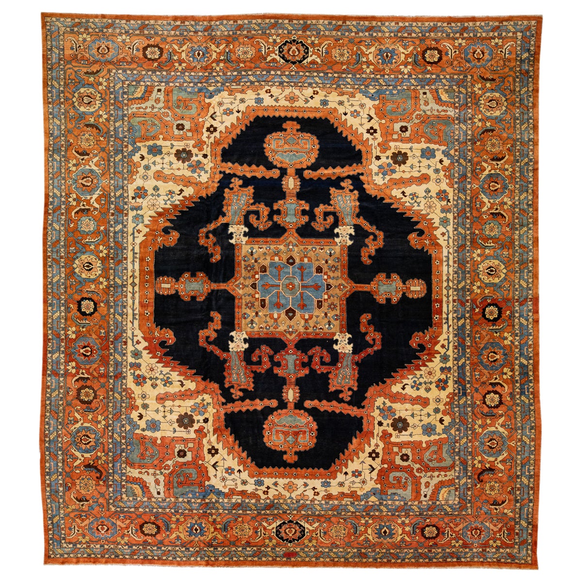 Orange Vinatge Persian Serapi Handmade Wool Rug with Medallion Motif For Sale