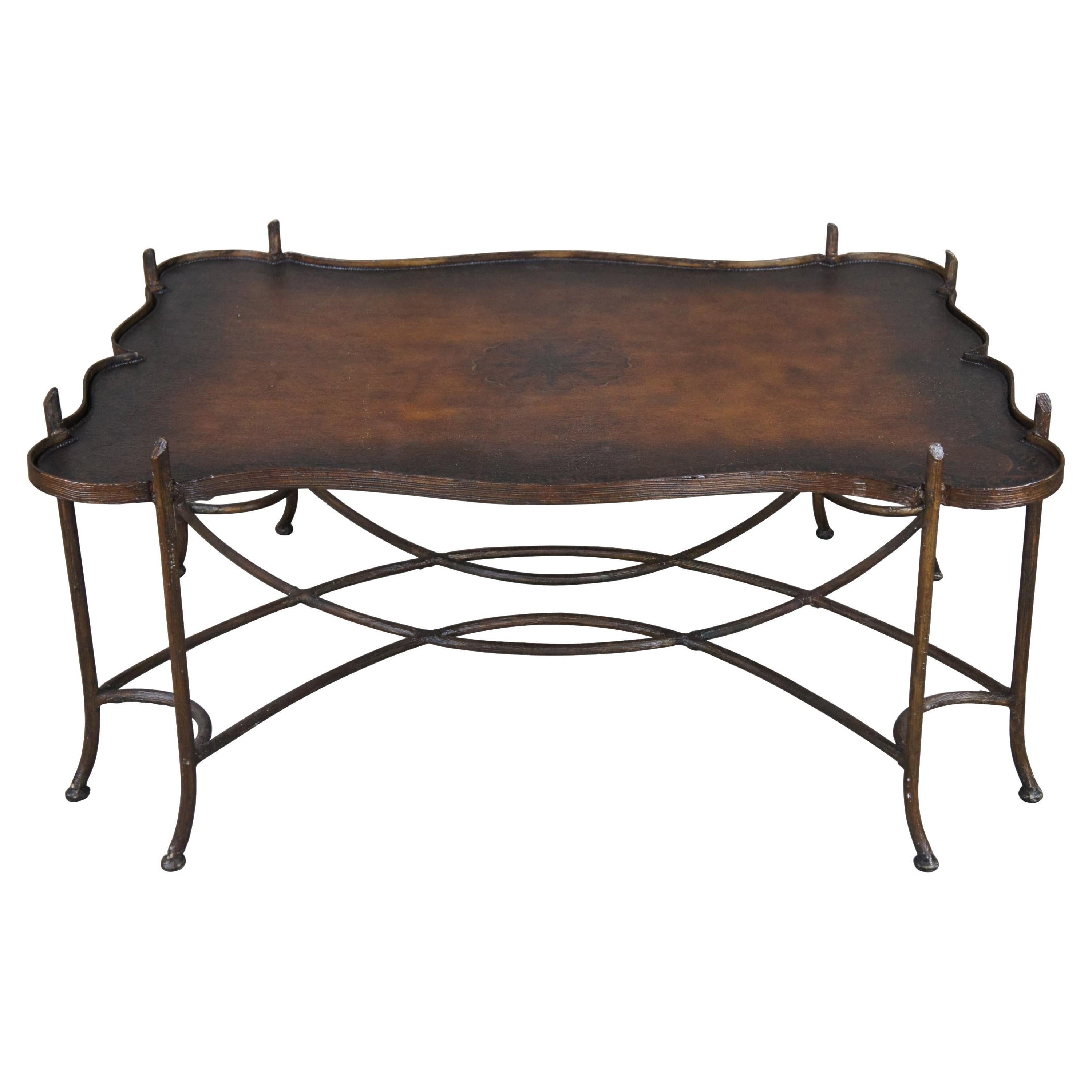 Maitland Smith Gilded Iron Faux Bois Coffee Table Tole Style Painted Tray Top
