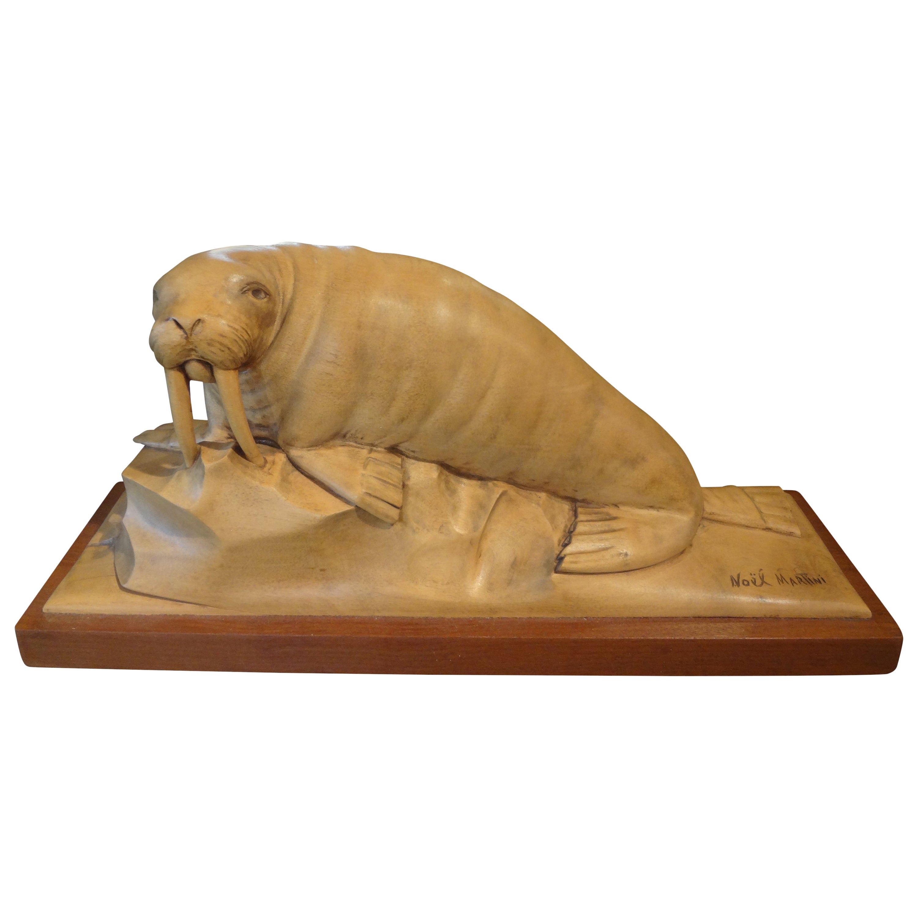 French Art Deco Carved Wood Walrus Sculpture, Signed Martini For Sale