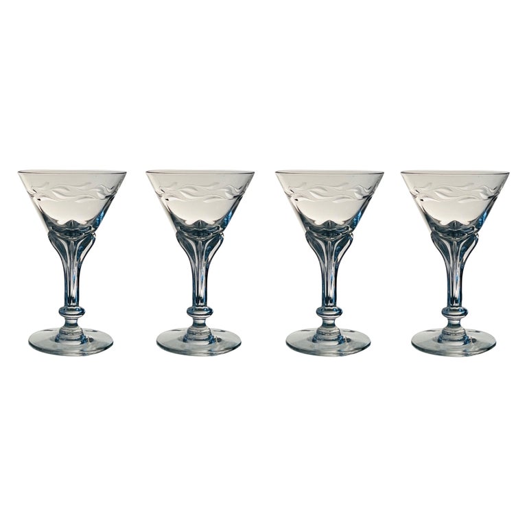 4 Vintage Etched Cocktail Martini glasses, 1950's Etched Floral