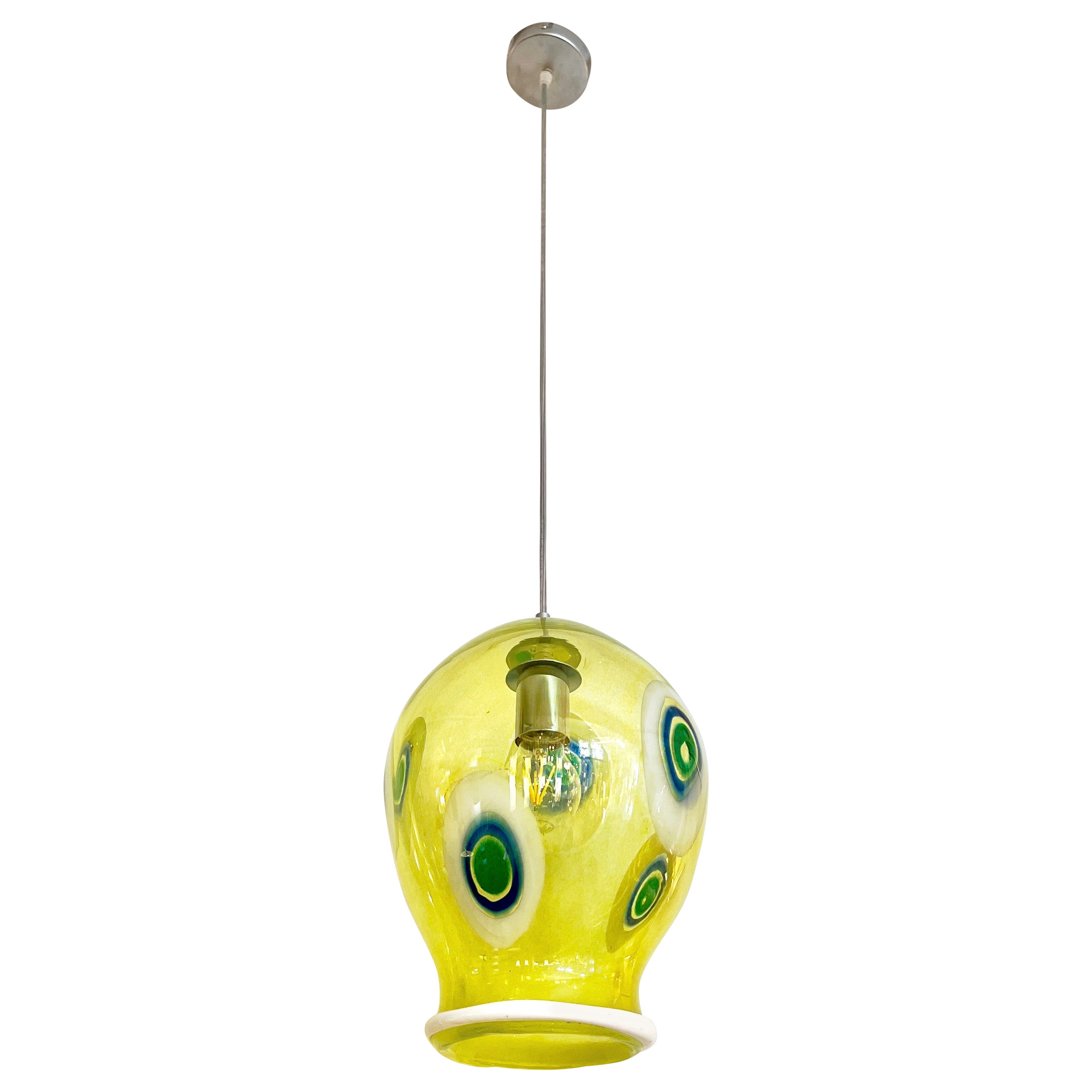 Lampe pendante italienne en verre de Murano organique jaune vert blanc tulipe sur mesure