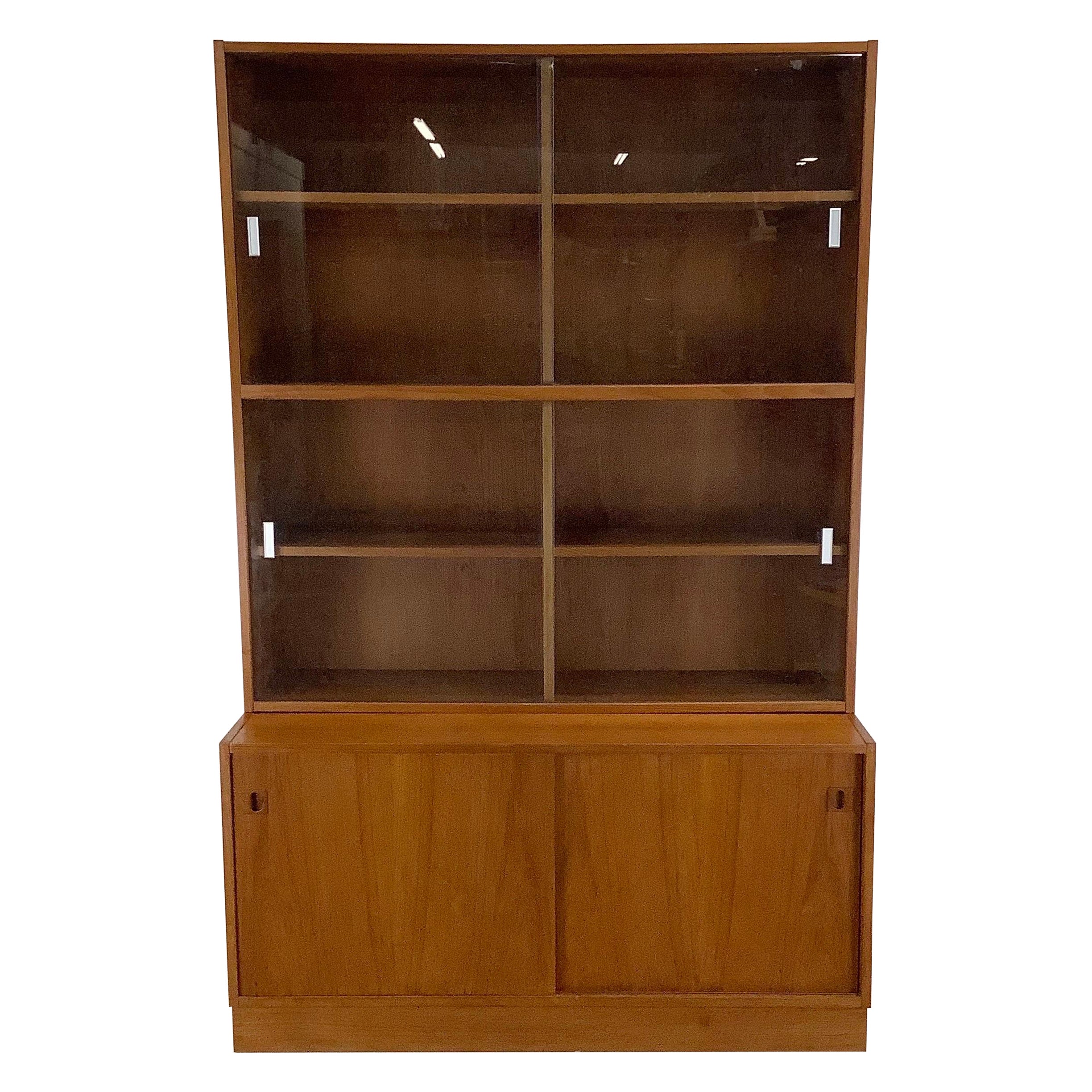 Modern Teak Bookcase With Cabinet and Glass Sliding Doors For Sale