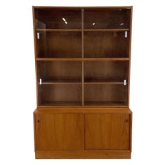 Modern Teak Bookcase With Cabinet and Glass Sliding Doors