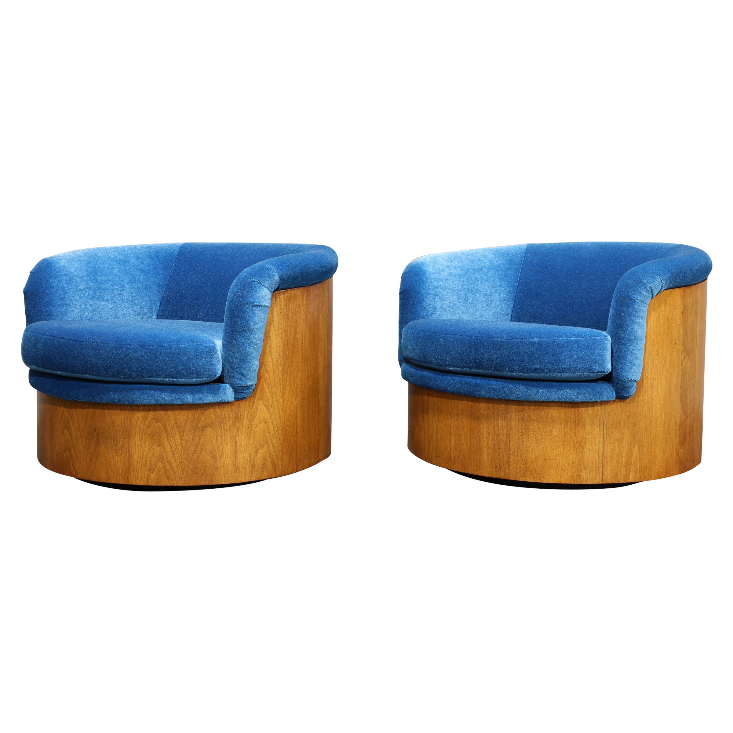 Walnut Finish Barrel Swivel Lounge Chairs in Blue Mohair