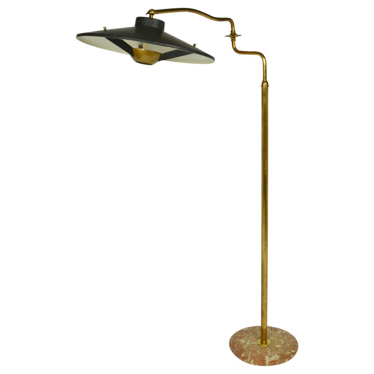 Italian Swing Arm Brass Floor Lamp, Original Black Shade, 1950's