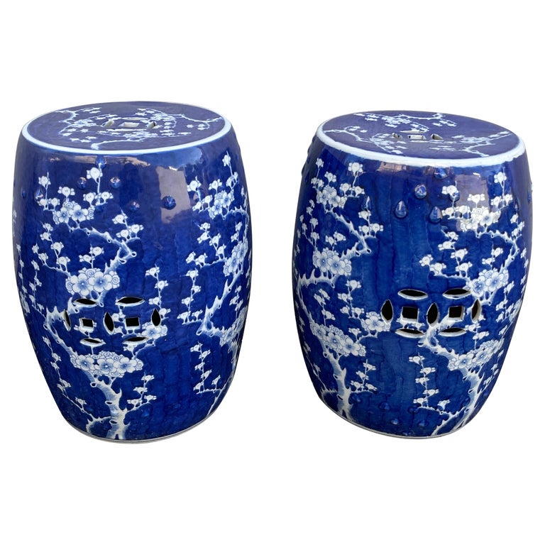 Pair of Dark Blue and White Floral Design Garden Seats For Sale at 1stDibs