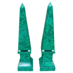Pair of Large Carved Wood Faux Malachite Obelisks