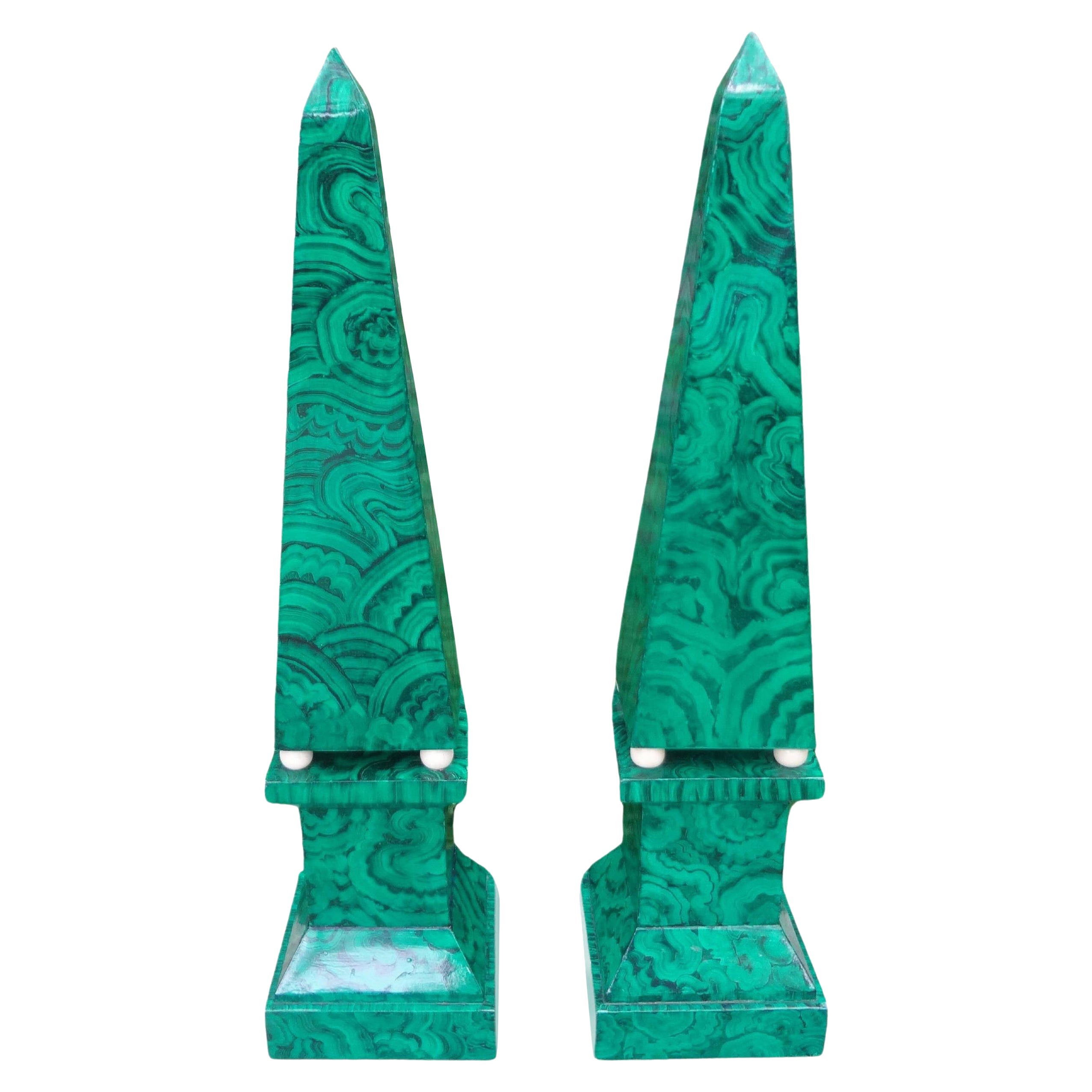 Pair of Large Carved Wood Faux Malachite Obelisks