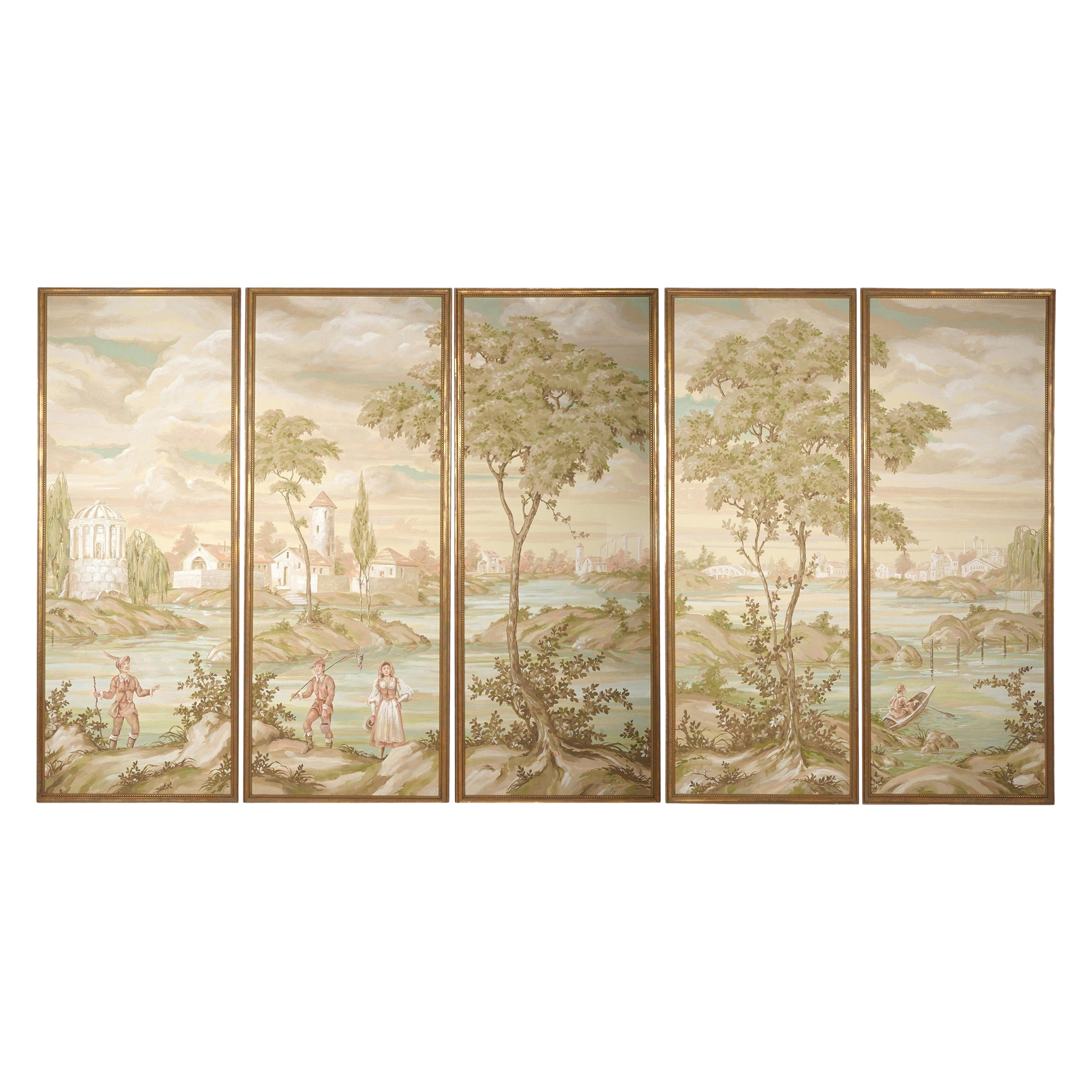 Robert Crowder Signed 5 Panel Large Japanese Nihonga Lanscape Pastoral Painting For Sale