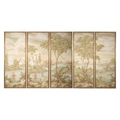 Robert Crowder Grande peinture japonaise de paysage champêtre Nihonga à 5 panneaux, signée