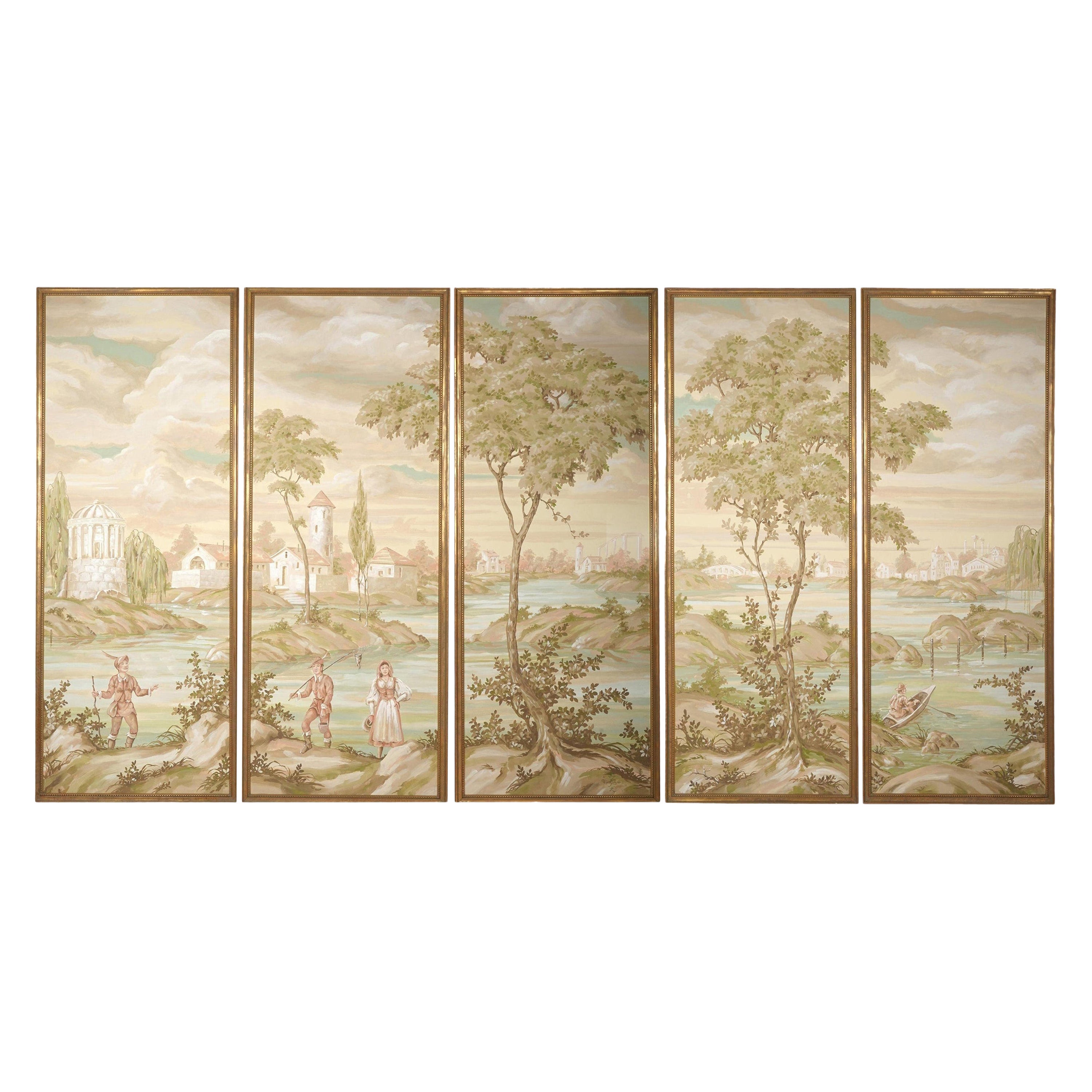 Robert Crowder, grande peinture de paysage pastoral japonais Nihonga à 5 panneaux signée en vente