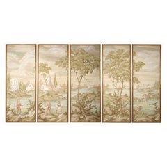 Robert Crowder Signed 5 Panel Large Japanese Nihonga Lanscape Pastoral Painting