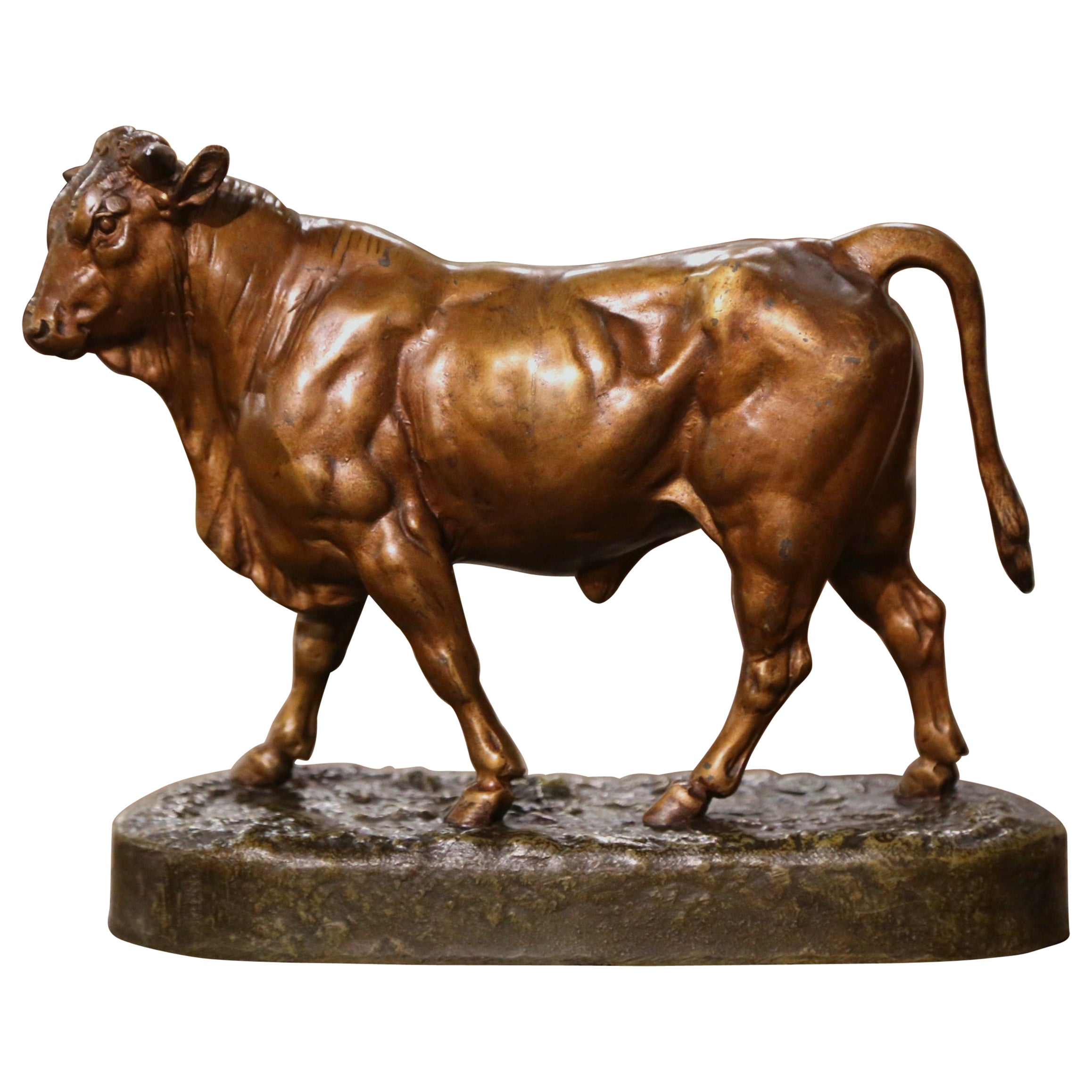 19th Century French Patinated Spelter Bull Sculpture Signed Charles Valton  For Sale at 1stDibs