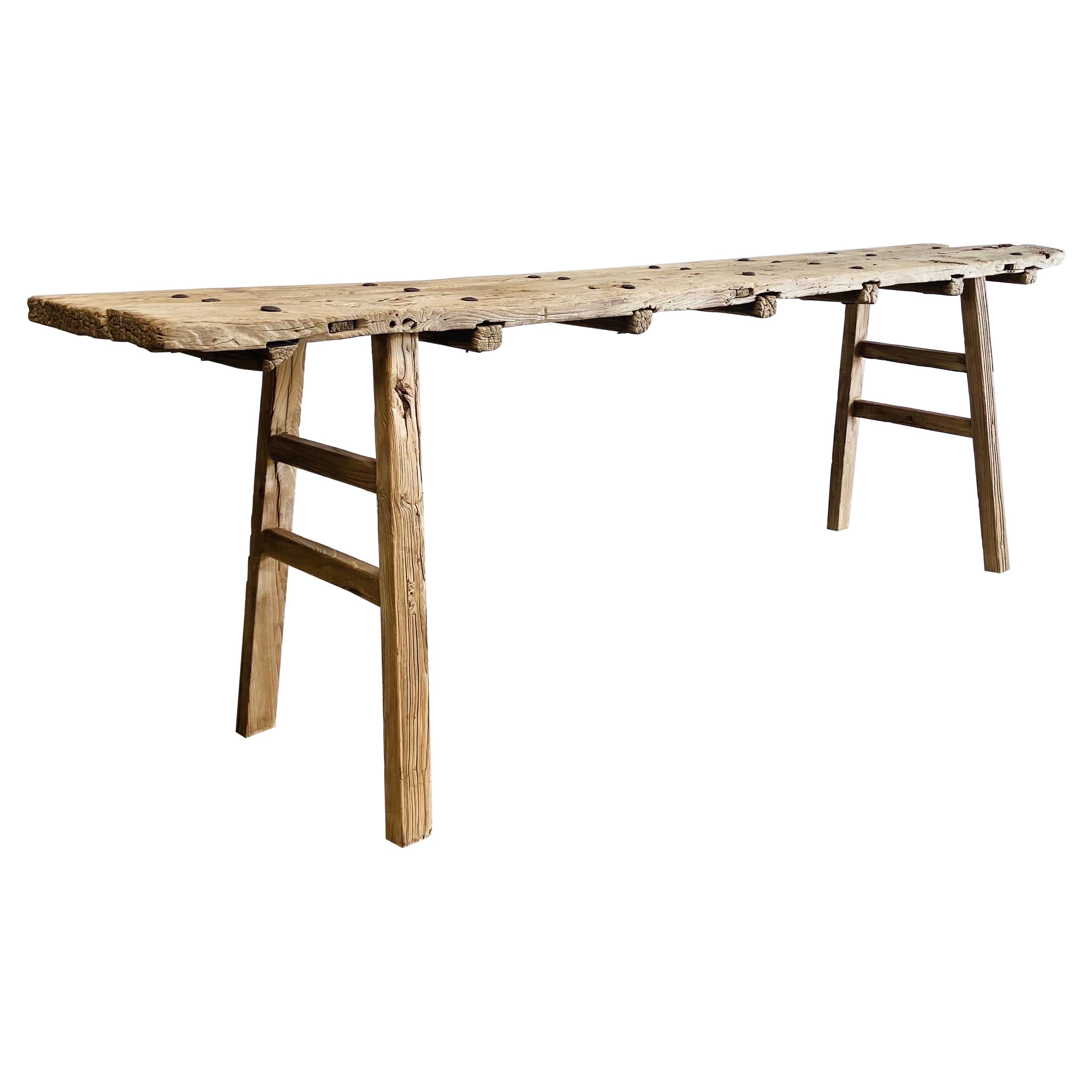 Long Antique Elm Wood Console Table For Sale at 1stDibs
