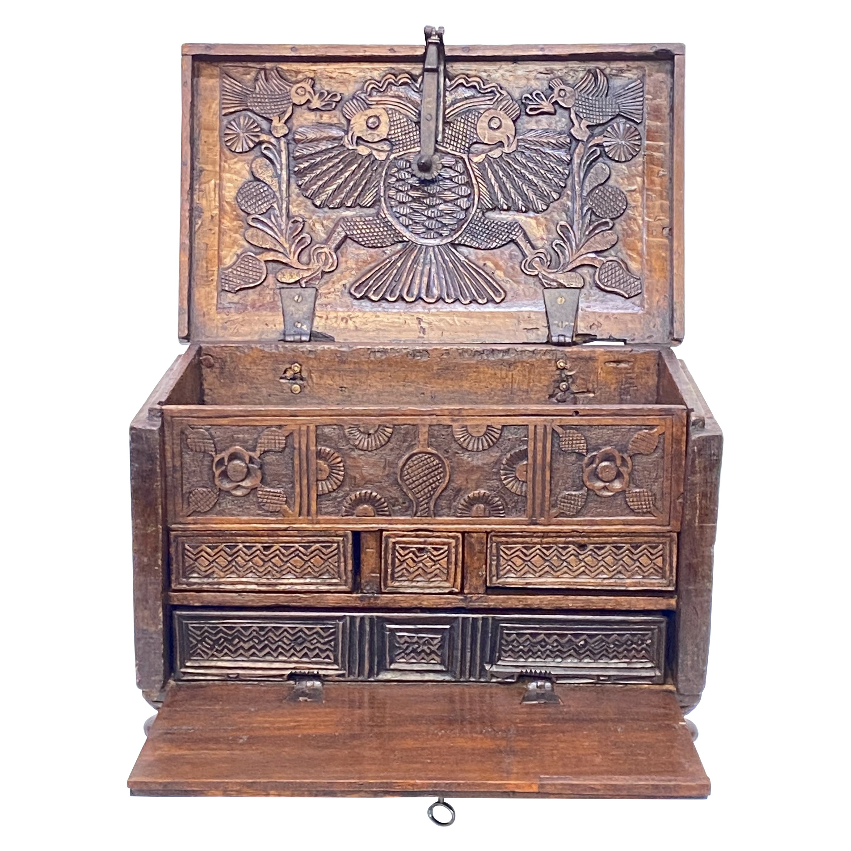 19th Century Mexican Table Top Carved Wood Storage Box