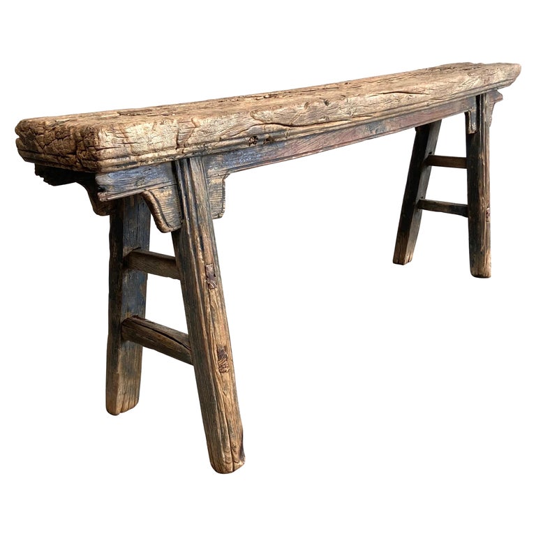 Vintage Antique Elm Wood Bench For Sale at 1stDibs