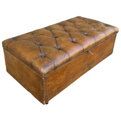 1940s English Leather Chesterfield Style Bench / Coffee Table with Storage