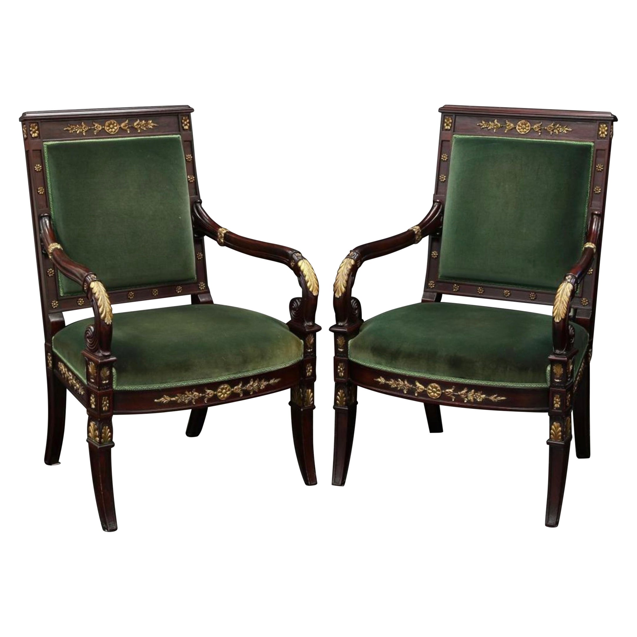 20th-C. Fruitwood and Giltwood Italian Bergere Chairs in Green Velvet, Pair