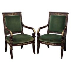 20th-C. Fruitwood and Giltwood Italian Bergere Chairs in Green Velvet, Pair