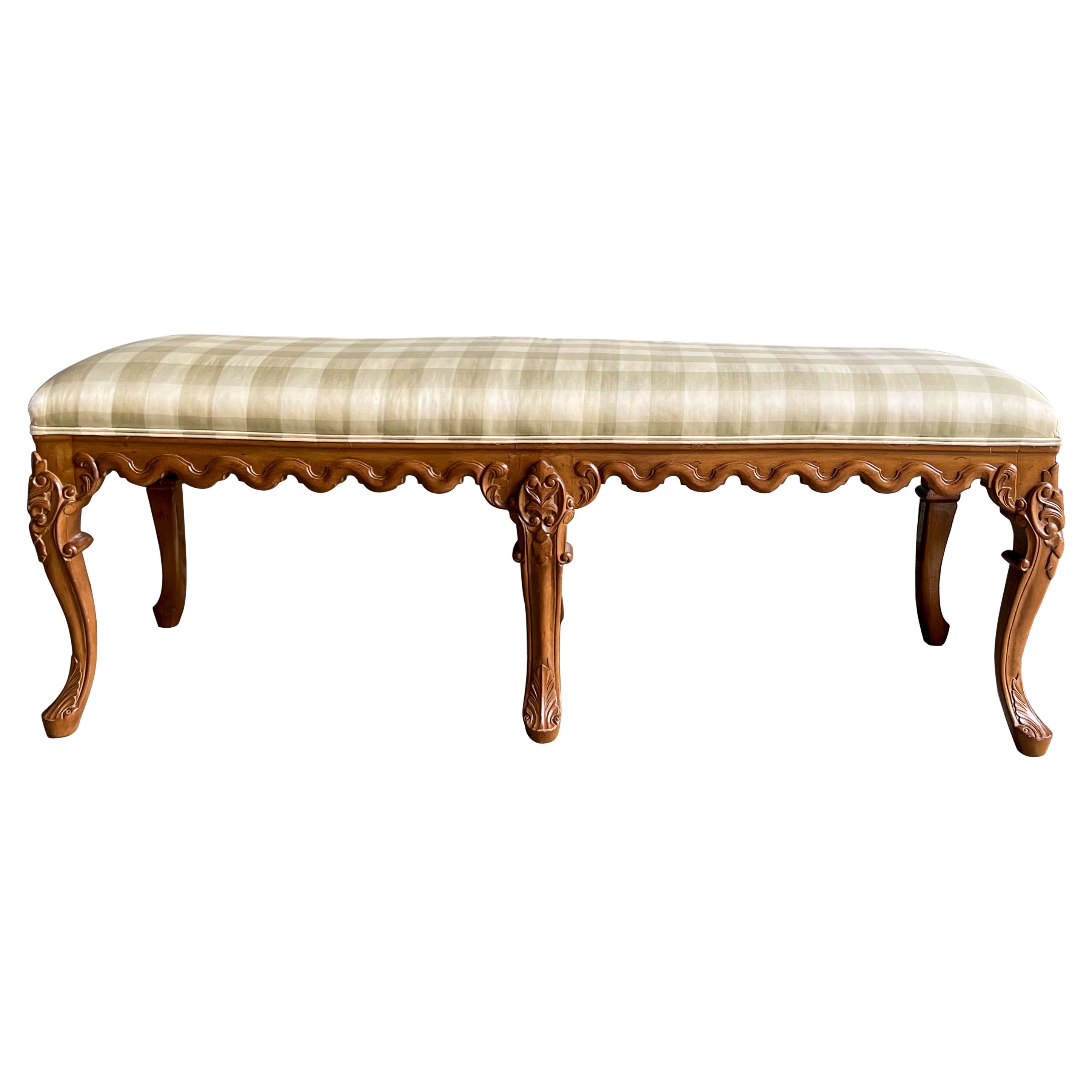 1940s French Carved Fruitwood Bench with Six Legs For Sale
