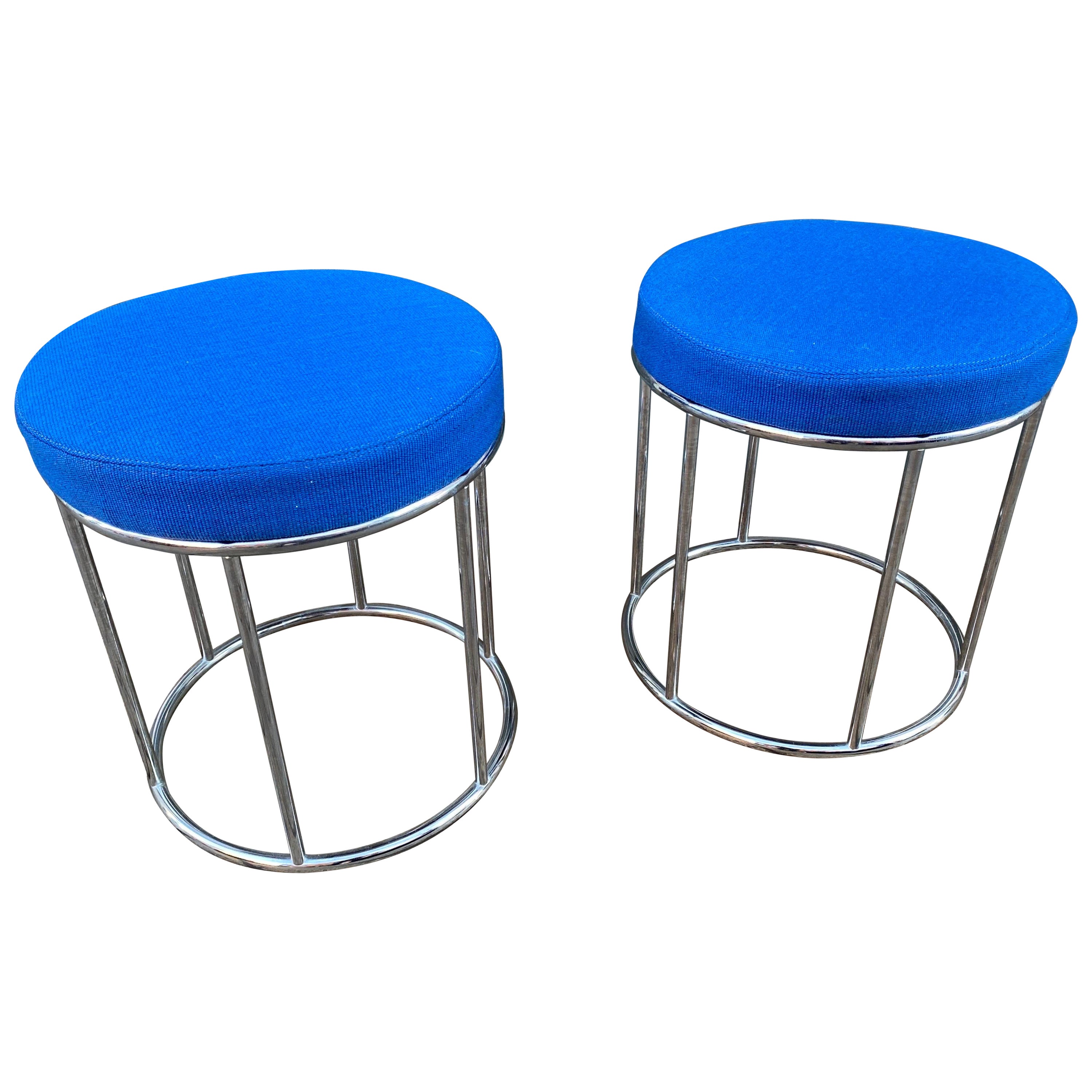 Milo Baughman Style Pair of Round Chrome Stools with Blue Upholstery