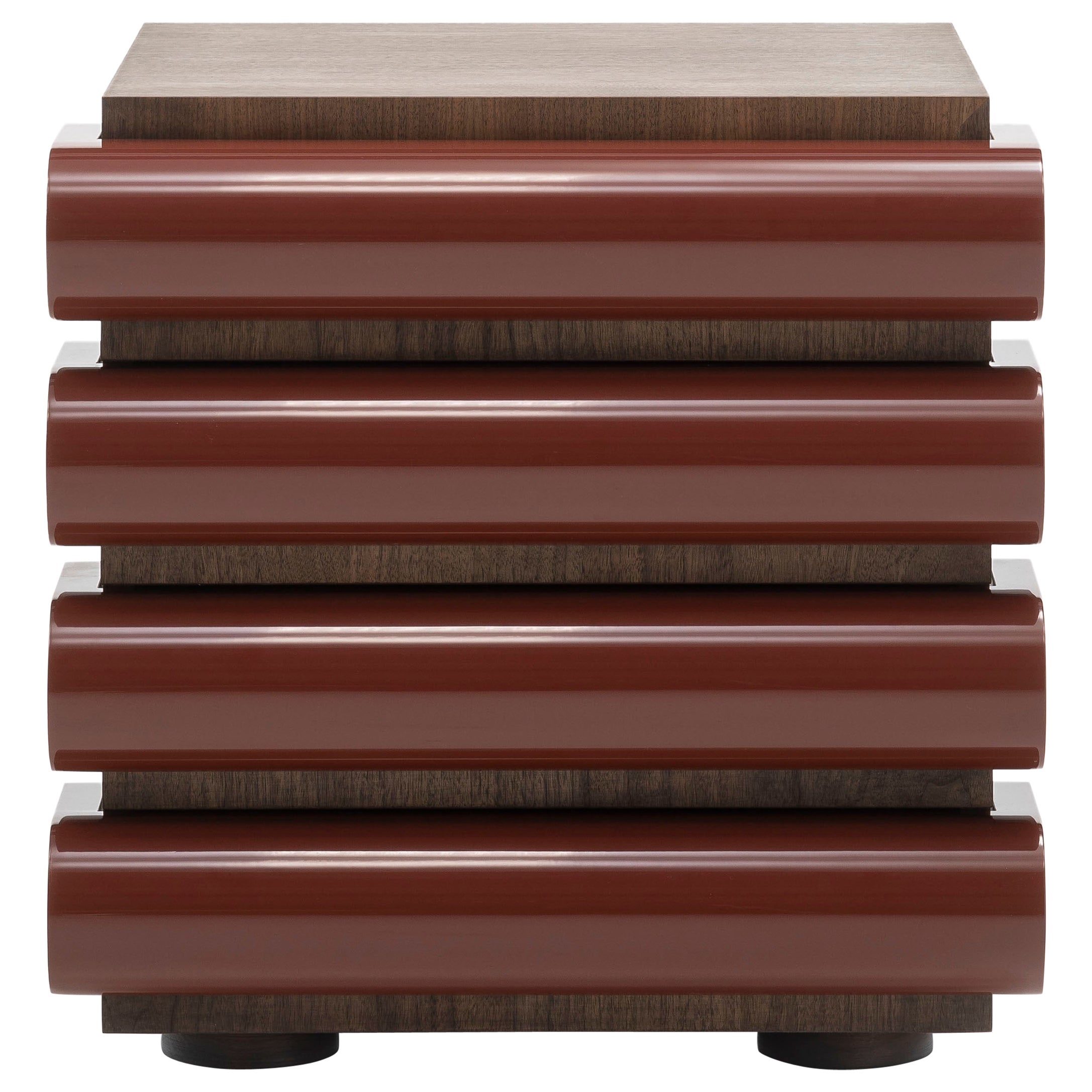 Acerbis Storet Drawers Cabinet in Dark Stained Walnut with Brick Red Lacquered