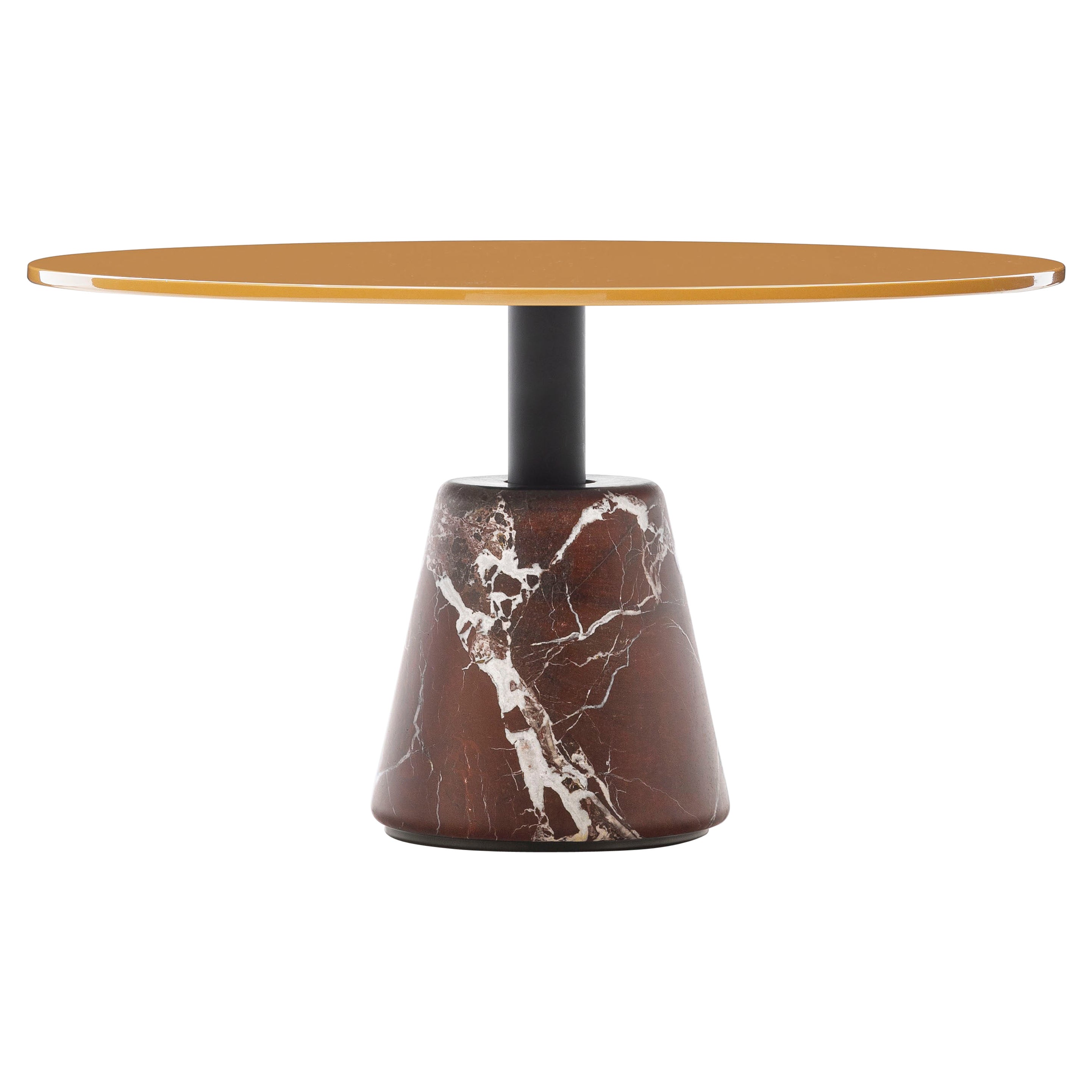 Acerbis - Petite table basse en forme de menhir, base en marbre rouge et dessus jaune moutarde