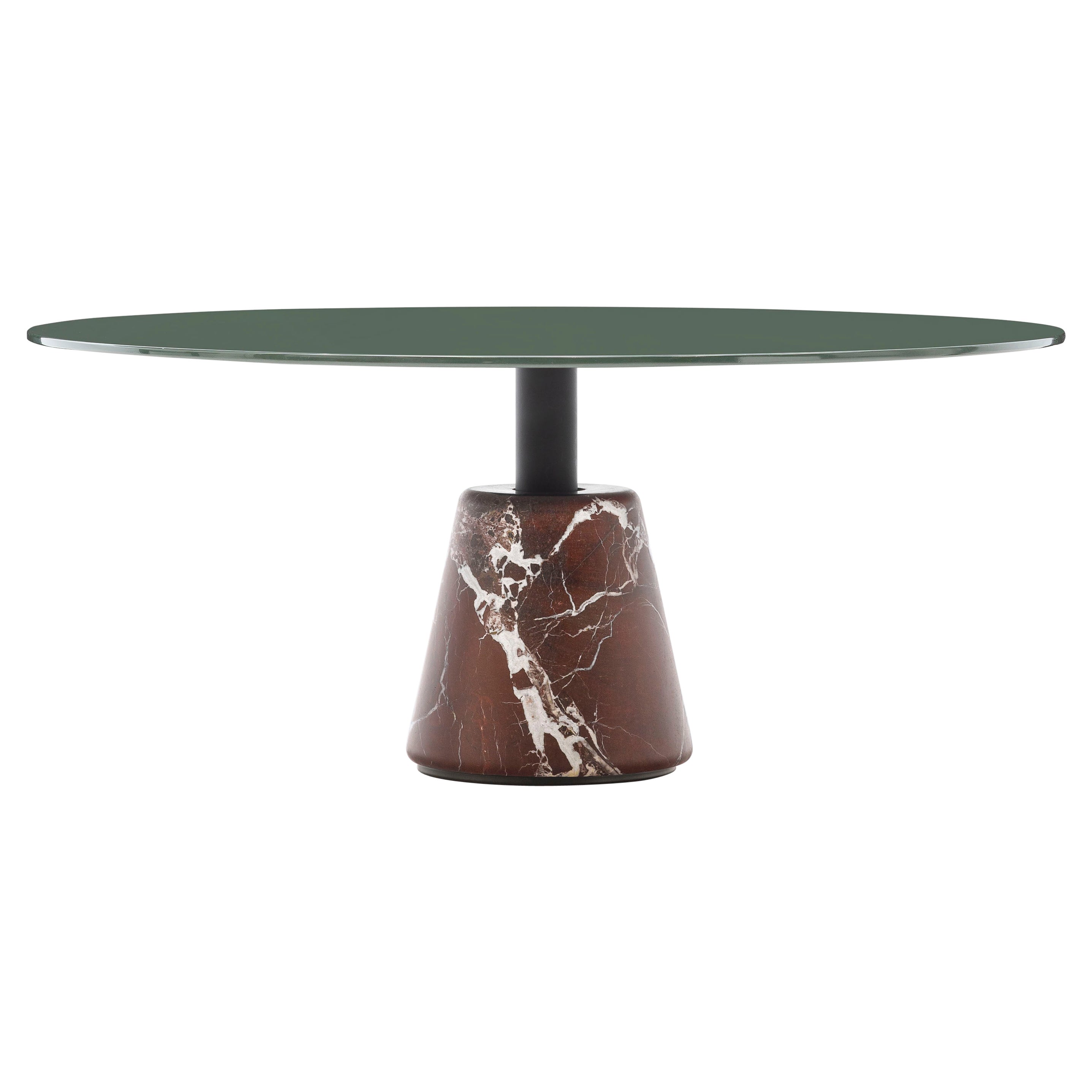 Acerbis - Table basse moyenne en forme de menhir, base en marbre rouge et plateau vert foncé brillant