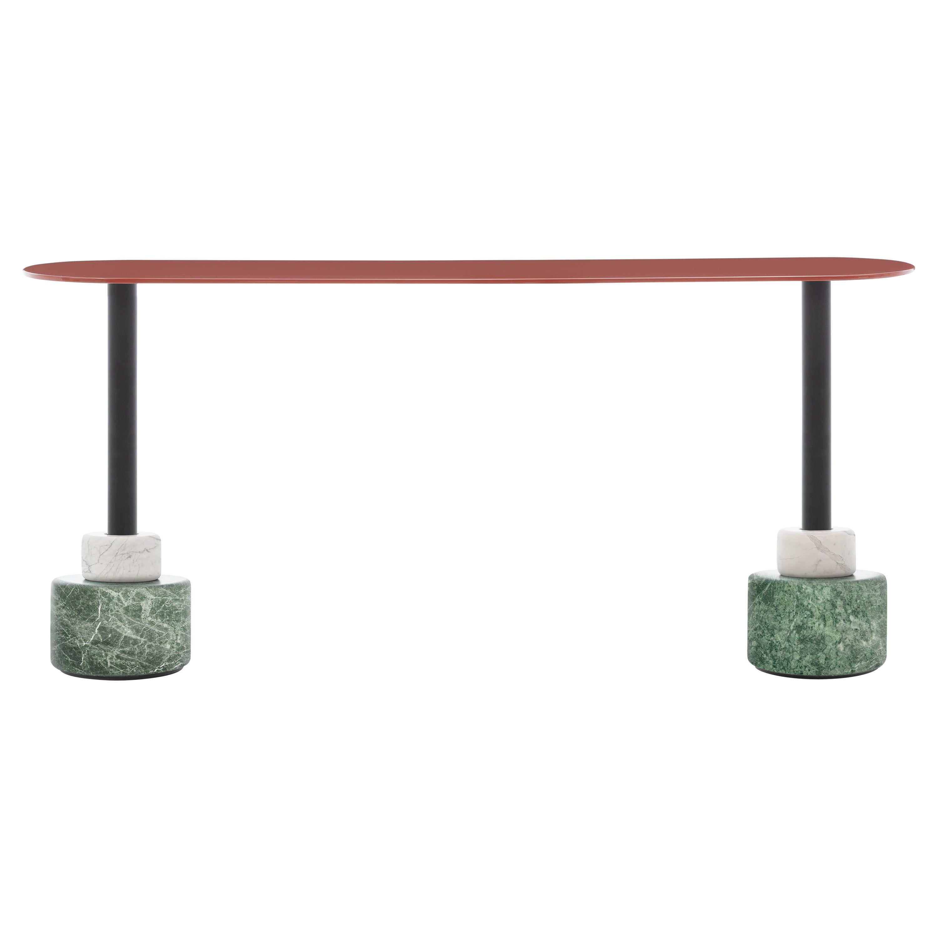 Table basse rectangulaire Acerbis Menhir avec base en marbre vert/blanc et plateau rouge brique