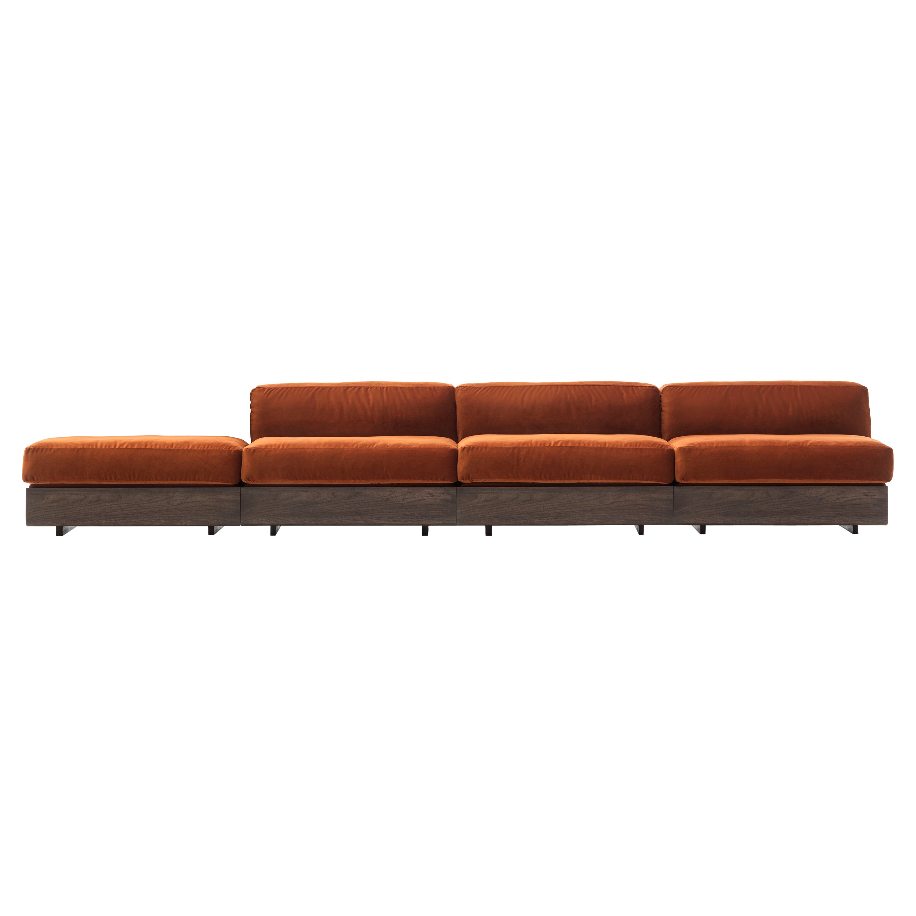 Acerbis Life Sofa and Pouf in Brown Upholstery with Dark Stained Walnut Frame For Sale