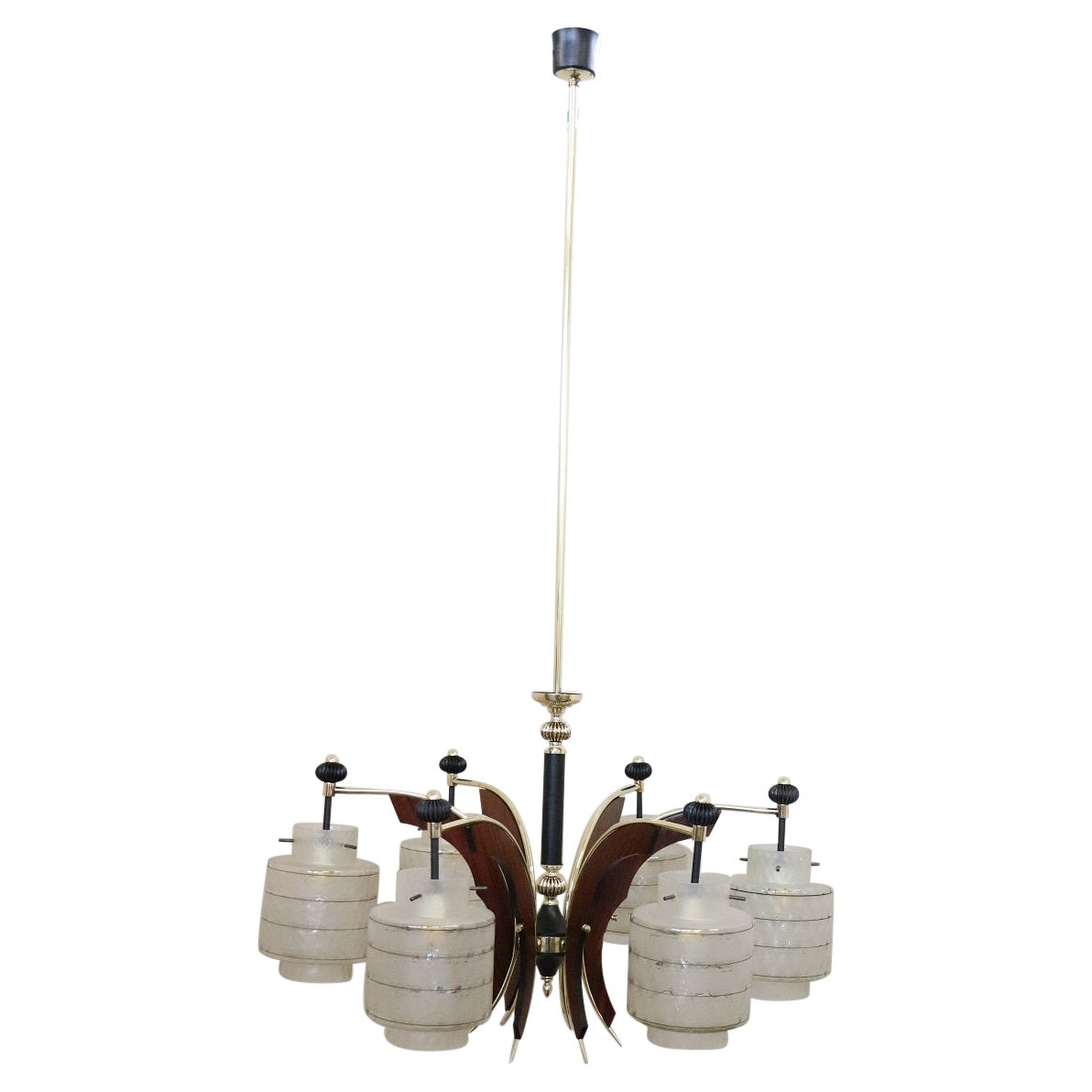 Italian Design Glass Bolws, Black Lacquered Metal and Brass Chandelier, 1950s For Sale