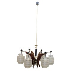 Italian Design Glass Bolws, Black Lacquered Metal and Brass Chandelier, 1950s