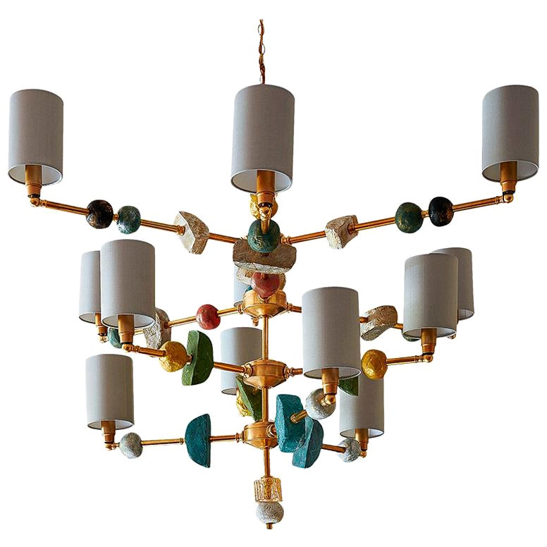 Contemporary, Sculptural Chandelier with Yellow, Red & Turquoise Components