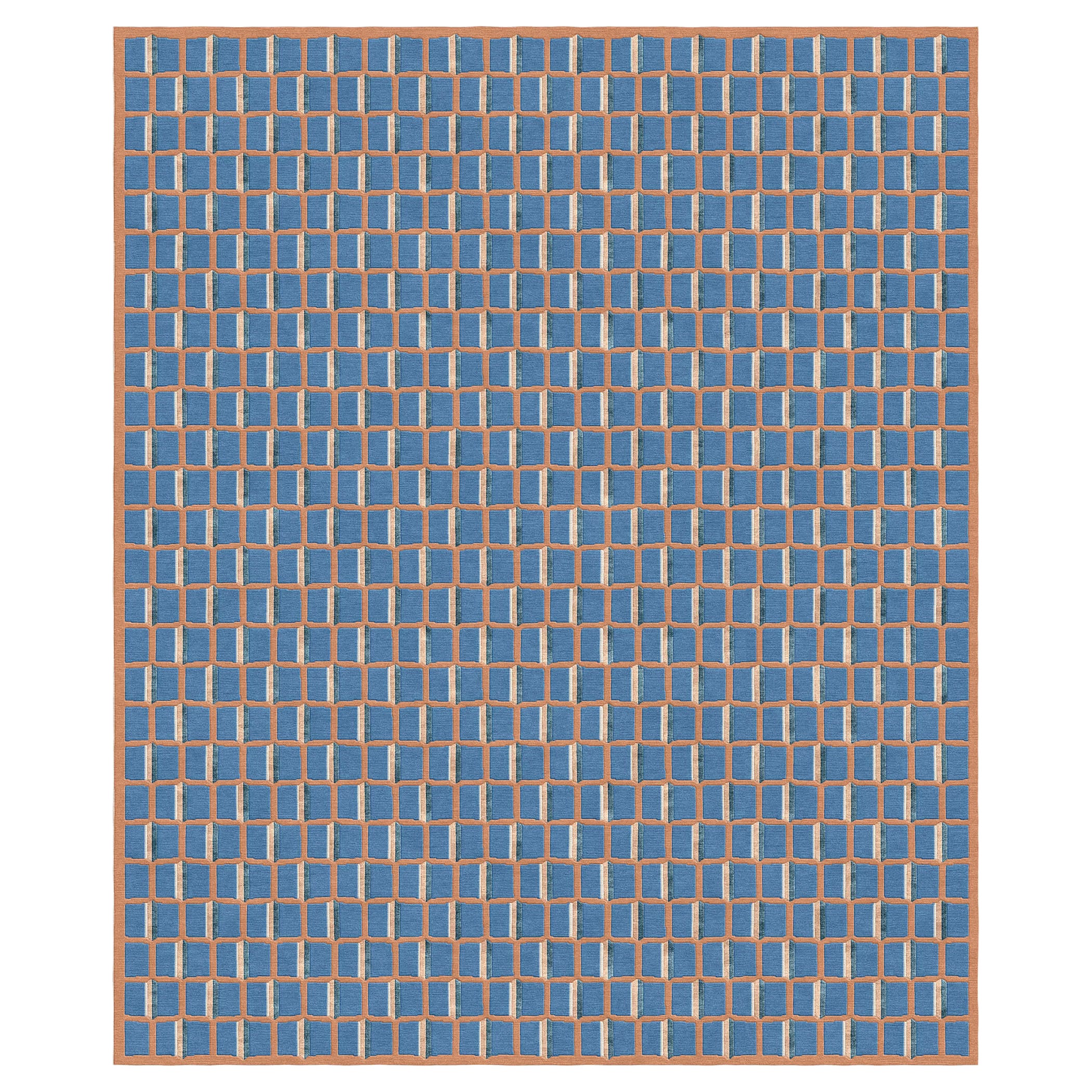 Carpet Blue Bauhaus Mare Plaid Rectangular Wool Silk Patterned, in Stock For Sale