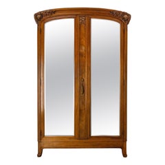 French Art Nouveau Exotic Wood Armoire with Beveled Mirrors Two Doors, 1907