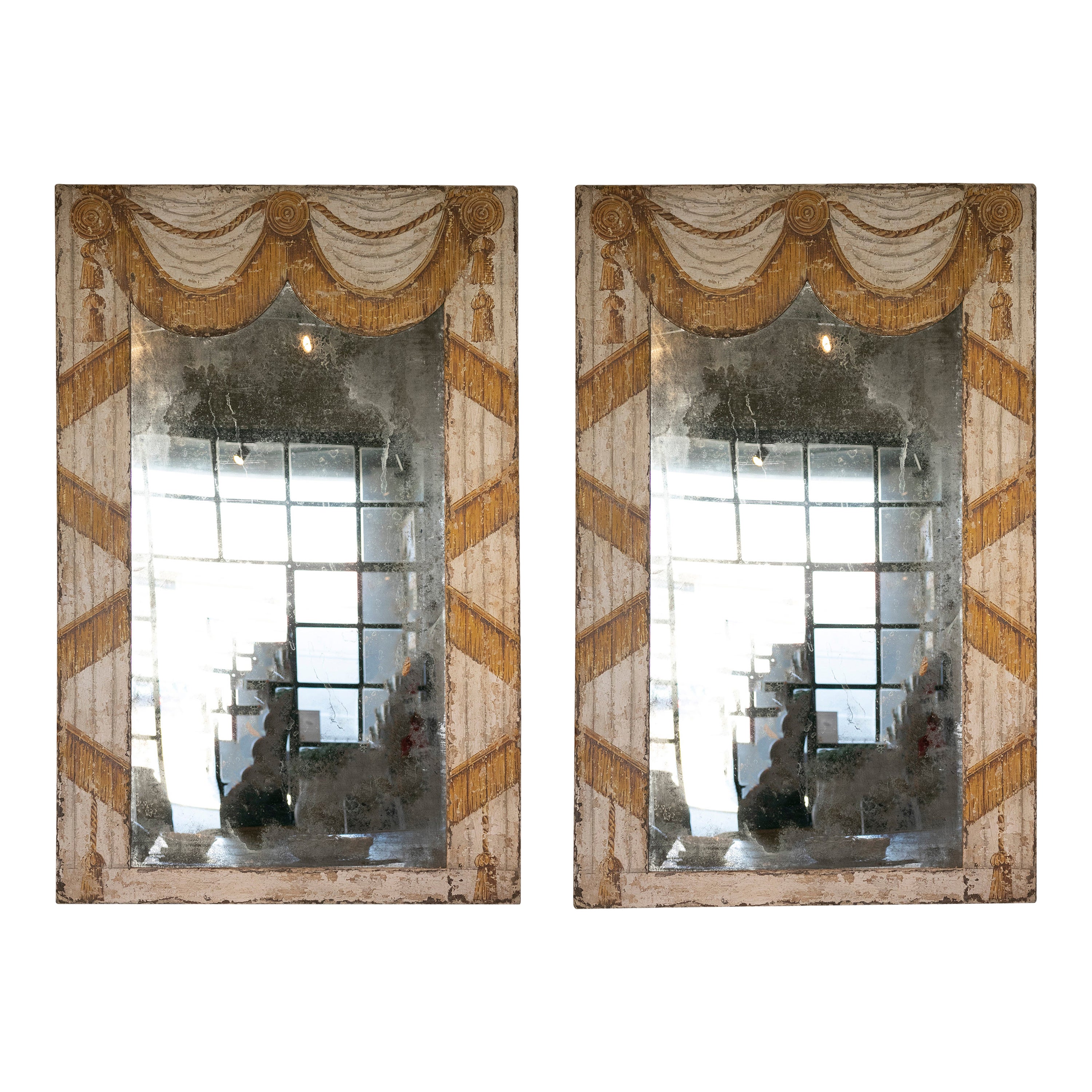 Pair of Hand-Painted Iron Framed Mirrors in Curtain Shape For Sale