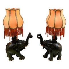 Pair of Ebony Elephants Table Lamps with Orange Lampshades and Fringes, 1920s