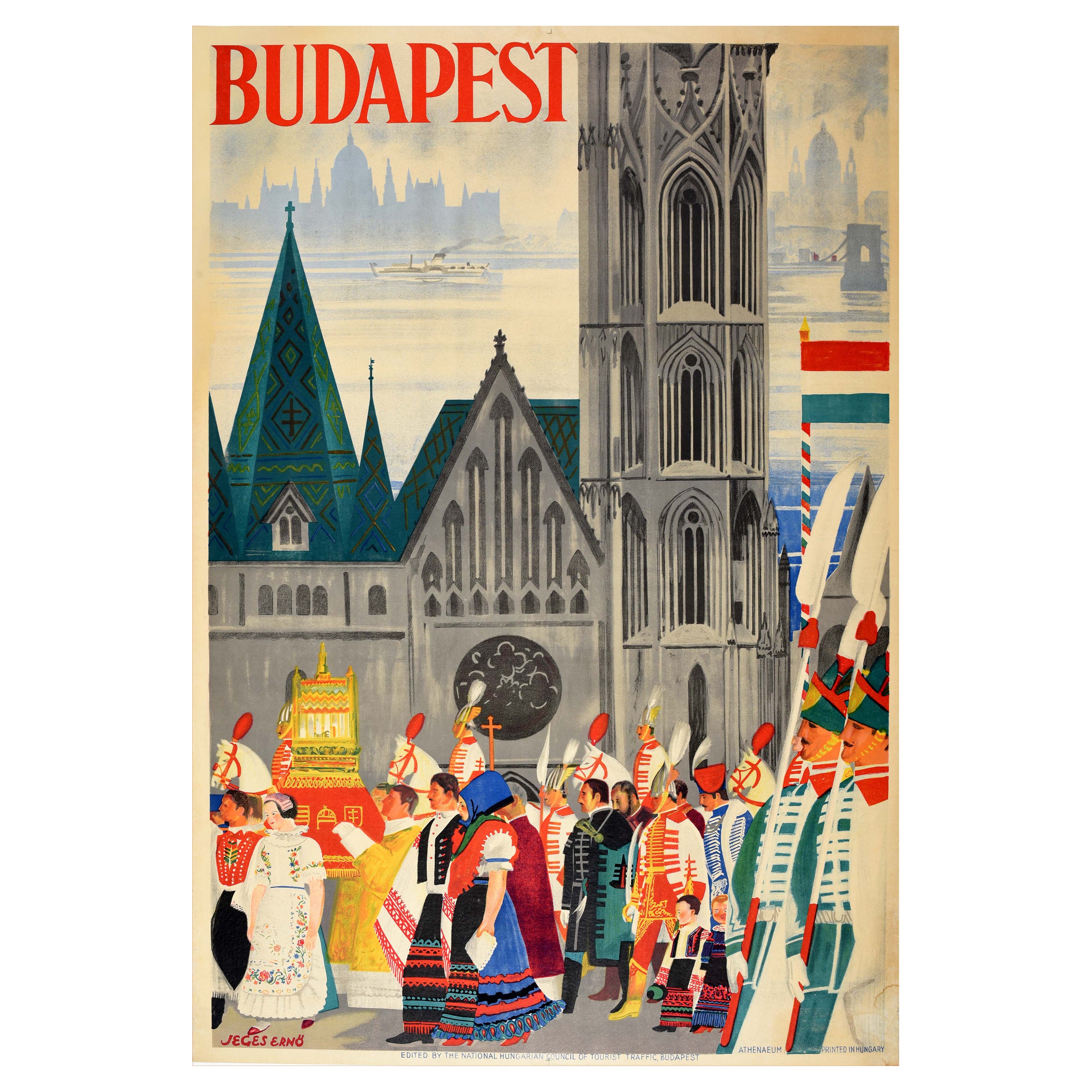 Original Vintage Travel Poster Budapest Art Deco Festival Hungary Church Design