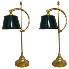 1980s Ralph Lauren Style Gilt Metal and Green Shade Desk / Table Lamps, Pair