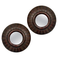 Large Pair Of Circular Leather-Clad Cushion Mirrors